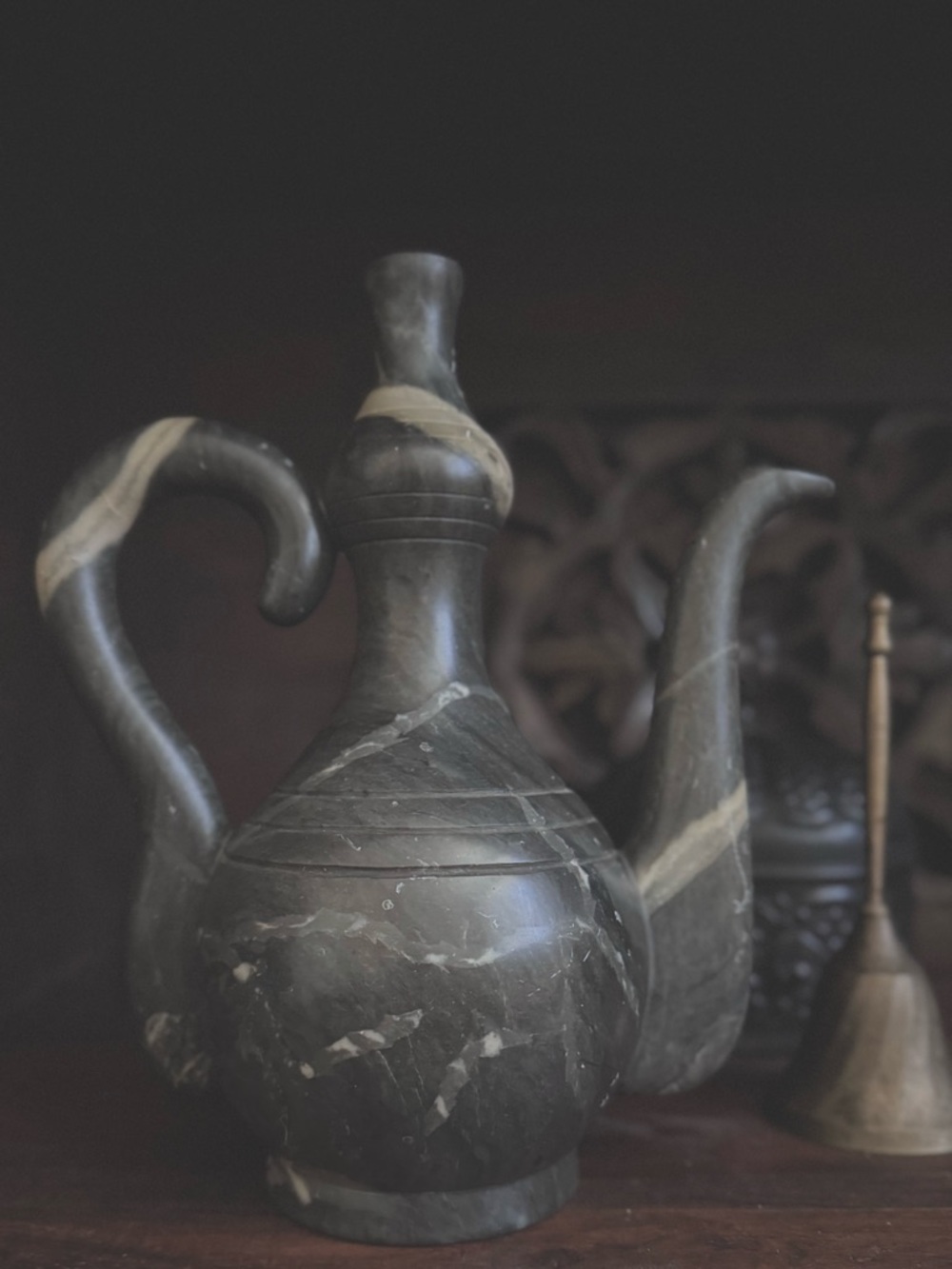 Carved Black Stone Ewer Vase Primitive Vessel Sculptural Decor